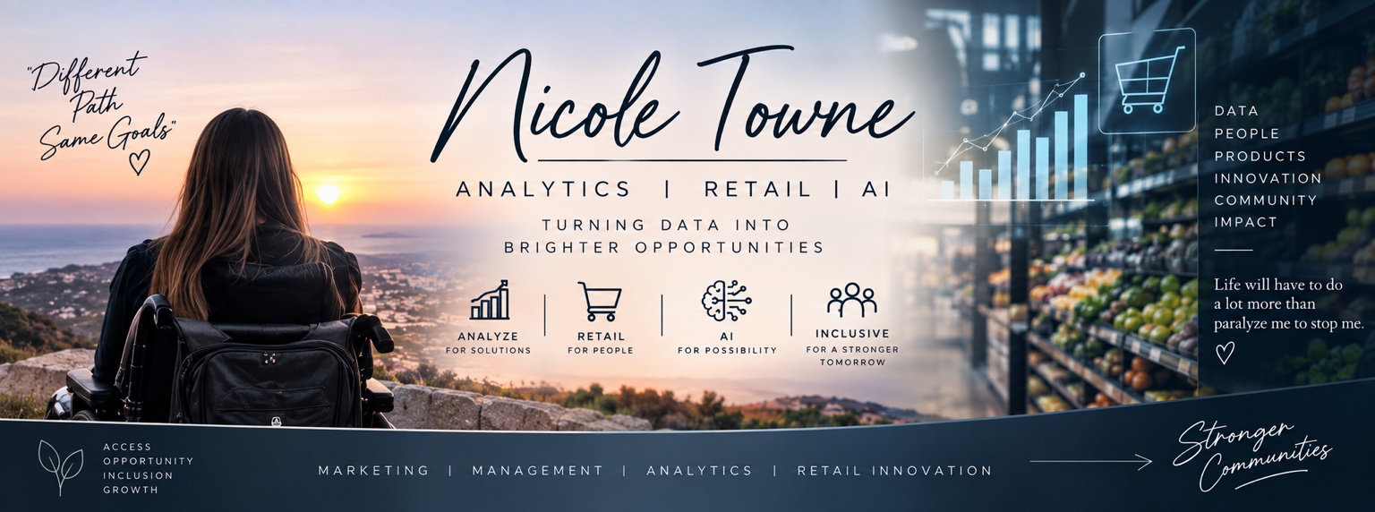 Nicole Towne personal-brand banner combining wheelchair advocacy, analytics, retail, artificial intelligence, inclusion, and community impact.